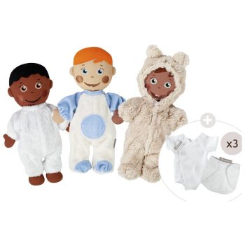   Maxi készlet 3 édes baba (Martin, Amadou és Kenji) ruhákban, pelenkákkal és bodysuit-ban