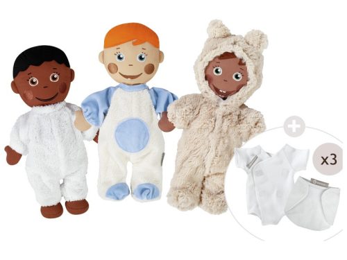 Maxi készlet 3 édes baba (Martin, Amadou és Kenji) ruhákban, pelenkákkal és bodysuit-ban