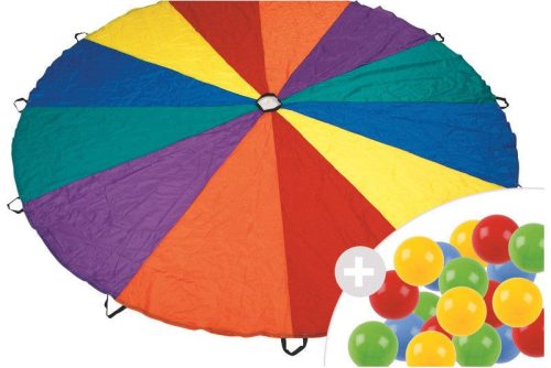 Szivárvány ejtőernyő 12 fogóval és labdákkal